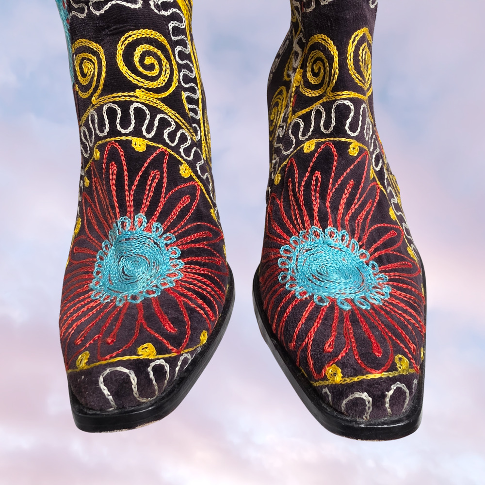 Velvet Road Black Colorful Pink Blue Yellow Floral Embroidered Western Boho Boot - Picture 5 of 9